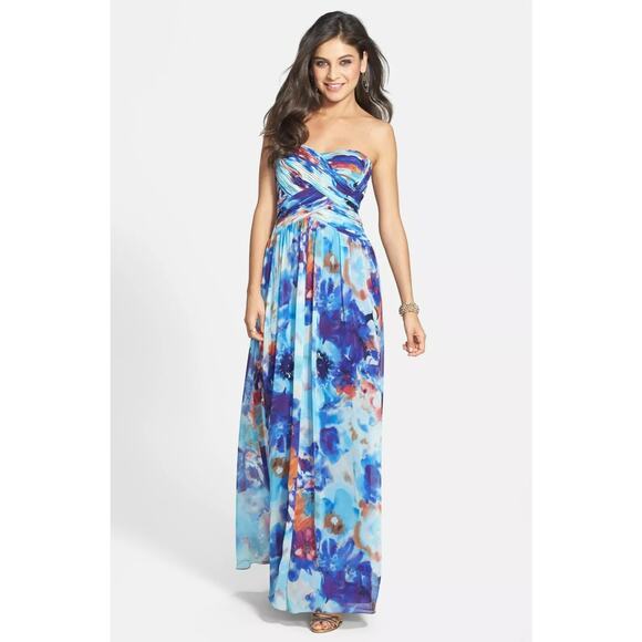 JS Boutique blue floral strapless chiffon gown Size Small Dopamine HOCO Artsy - Picture 1 of 13
